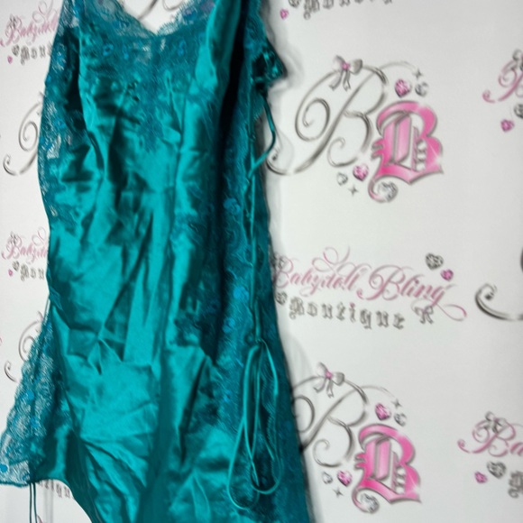 La senza dress babydoll lace corset tie up sides shimmer Teal Satin Chemise - Picture 5 of 15